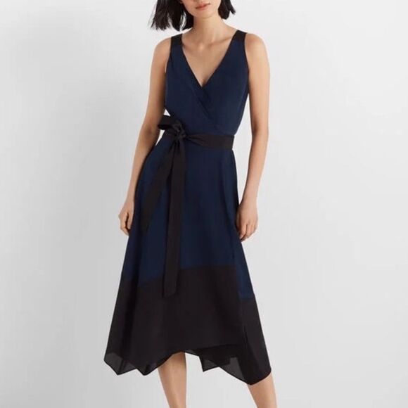 NEW Club Monaco 100% Silk Colorblock Blue Black Sleeveless Midi Wrap Dress 6 - Picture 1 of 6